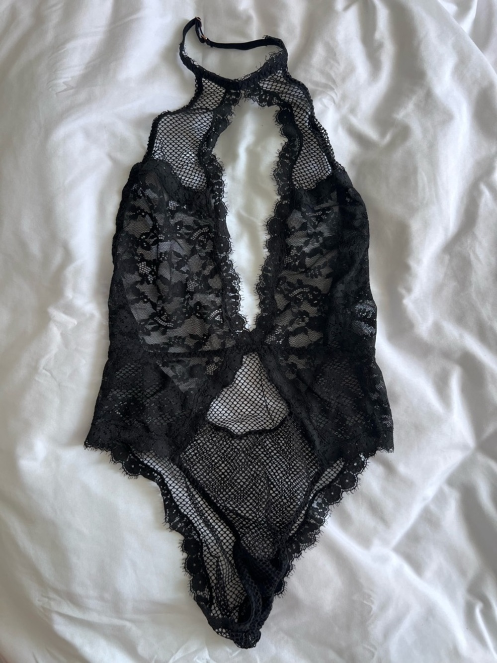Victoria's Secret Black Lace Halter-Style Mesh Bodysuit